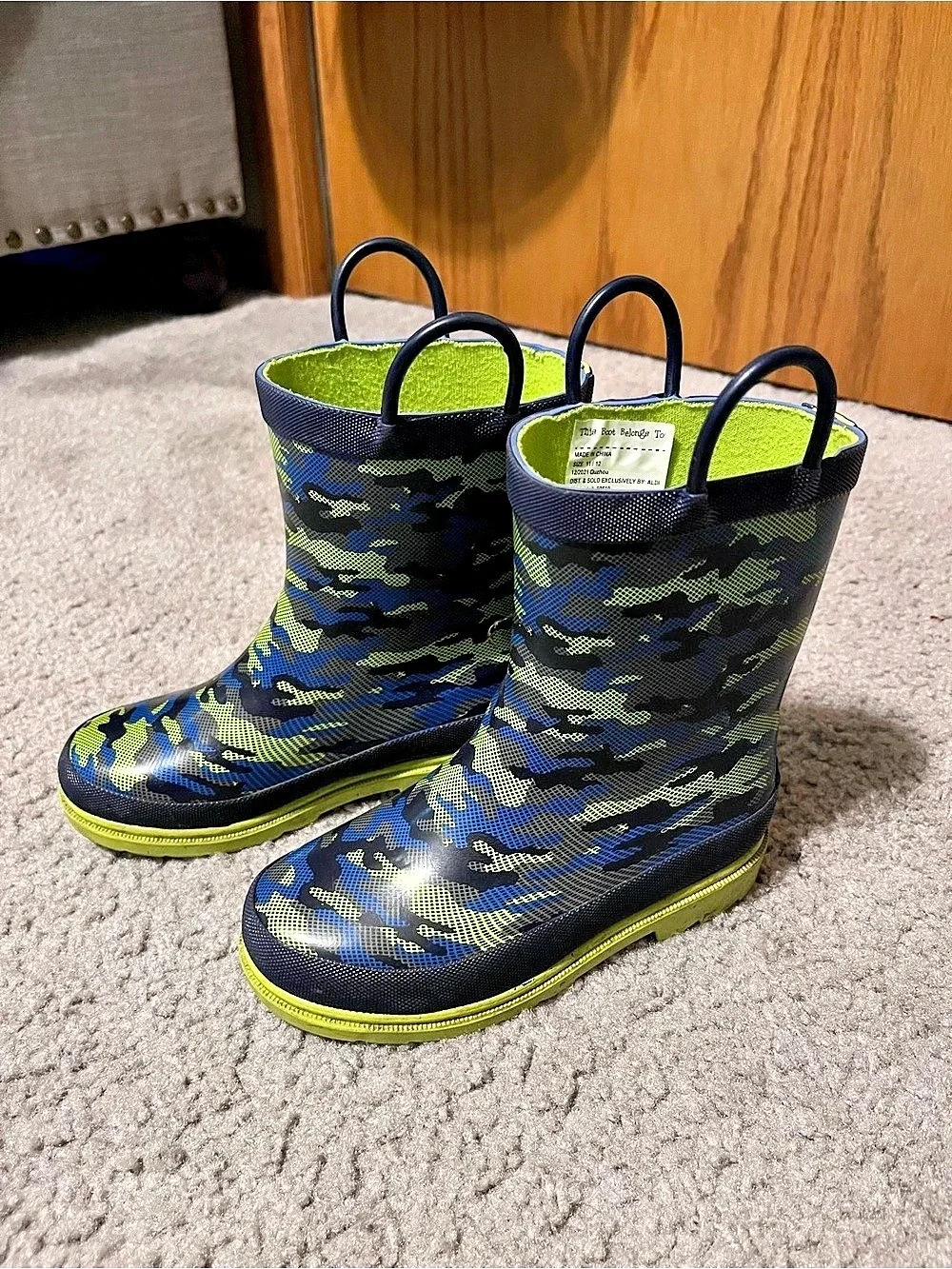 Kids Camo Rain Boots with Easy-Pull Handles Blue & Green US 11/12